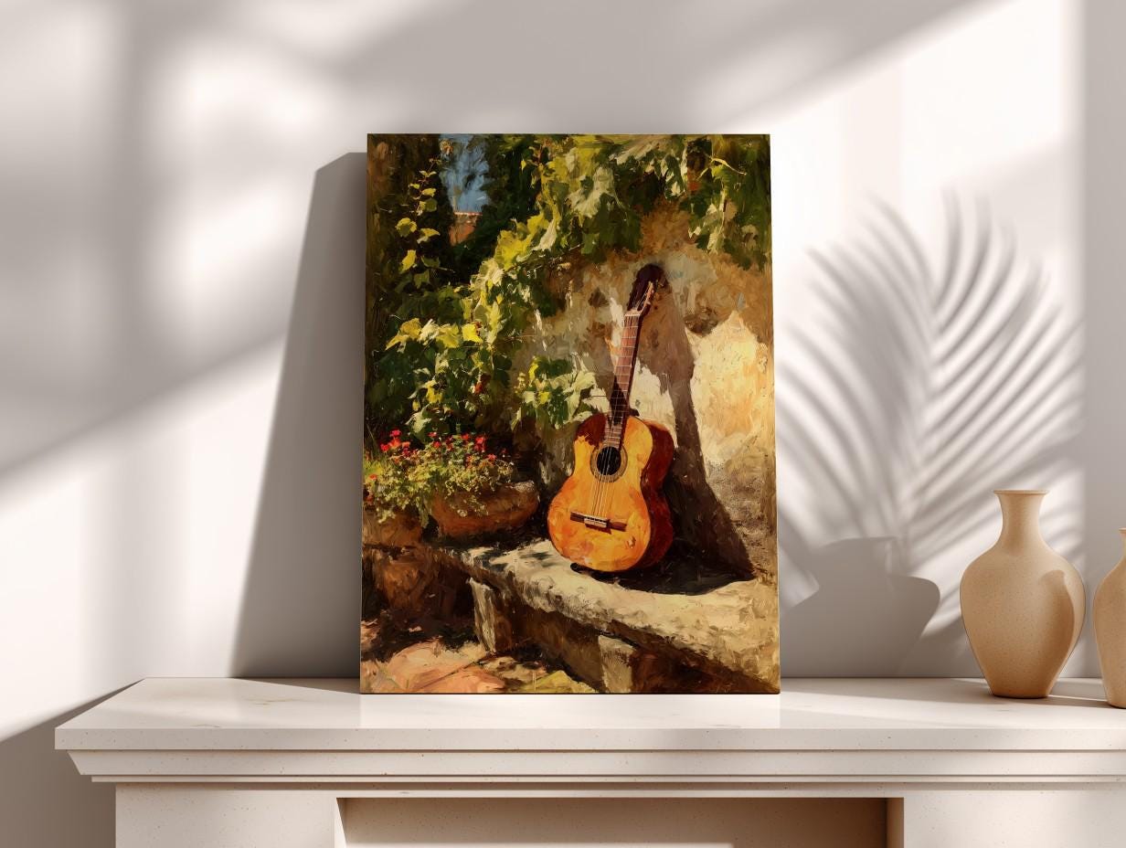 a painting of a guitar leaning against a wall, surrounded by greenery and flowers, with a vase on a shelf to the right.