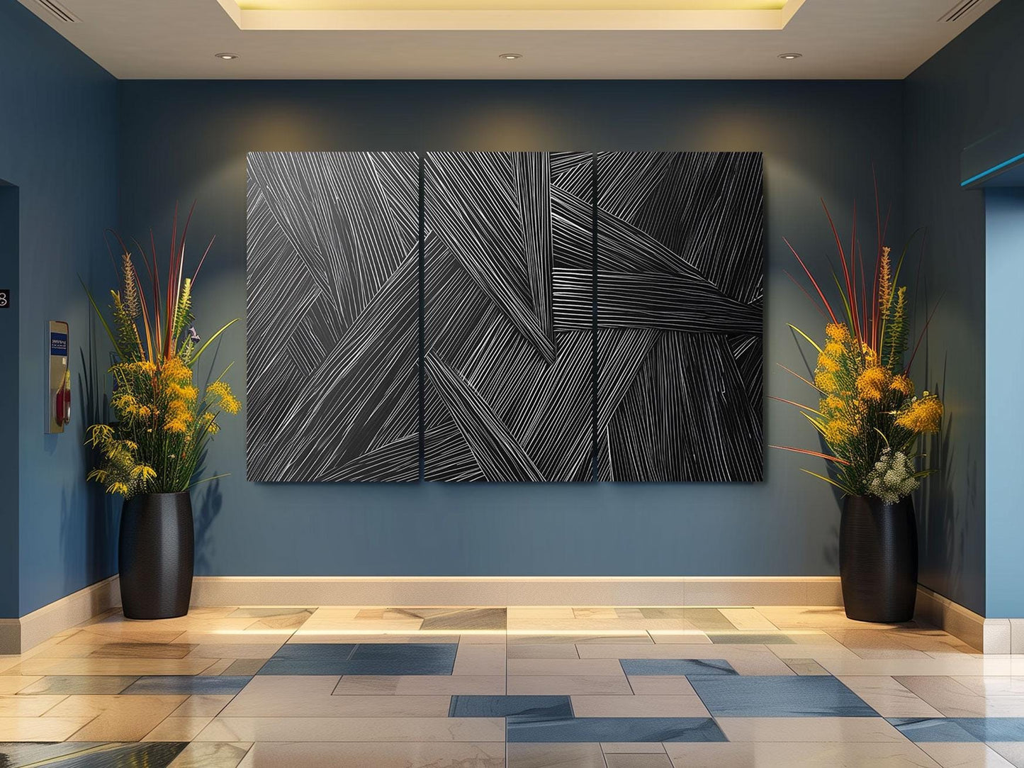 a blue room with a large painting on the wall