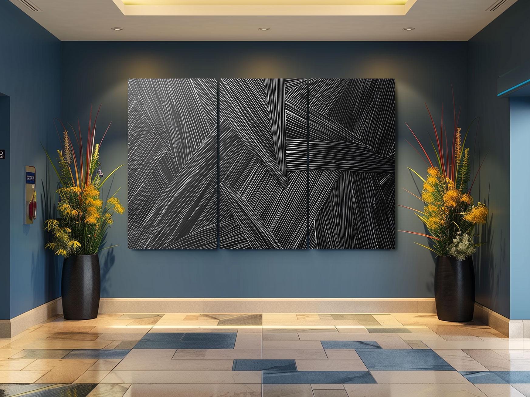 a blue room with a large painting on the wall