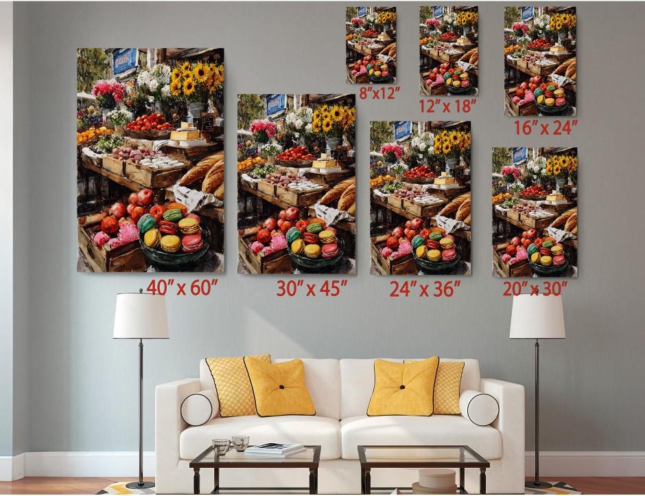 The image is a living room with a white couch and a coffee table. Above the couch, there are six framed prints of the same image, each with a different size and resolution, ranging from 40 x 60 to 24 x 36. The prints are arranged in a grid-like pattern on the wall, creating a visually appealing display.