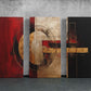 a group of three abstract paintings on a wall