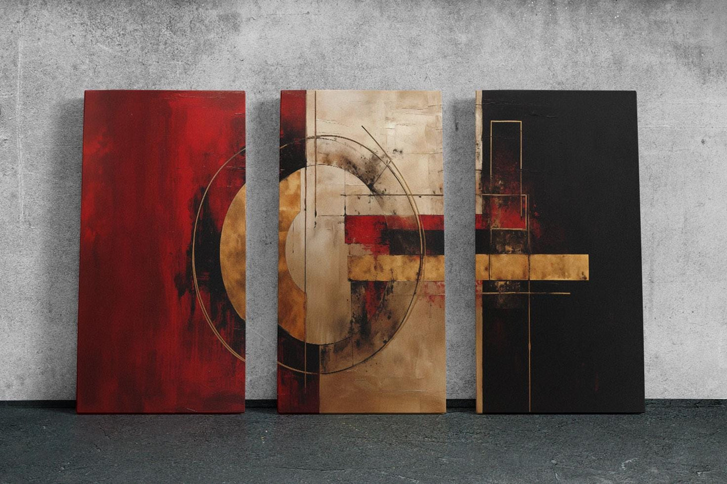 a group of three abstract paintings on a wall
