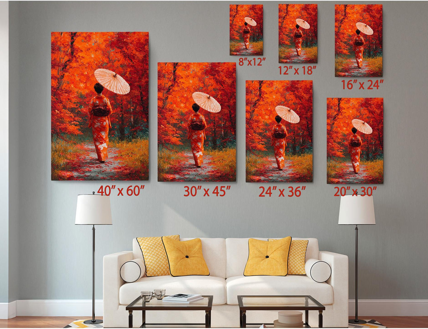 The image is a living room with a white sofa and a coffee table. Above the sofa, there are six identical paintings of a woman holding an umbrella, each with a different size and orientation. The paintings are arranged in a grid-like pattern on the wall, creating a visually appealing display.