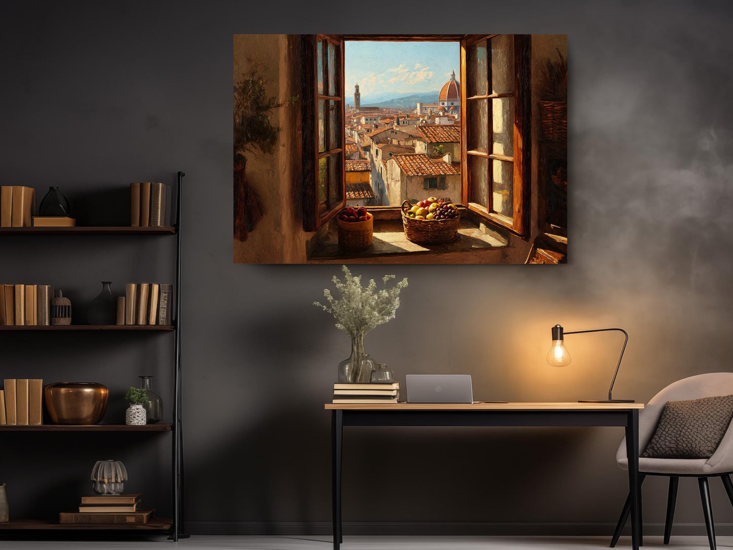 a cozy corner of a room with a wooden desk, a lamp, and a bookshelf. Above the desk, there is a large painting depicting a cityscape with a window overlooking the city. The painting is hung on a gray wall, and the window is open, allowing a view of the city outside. The desk has a laptop and a vase of flowers, adding a touch of nature and color to the room.