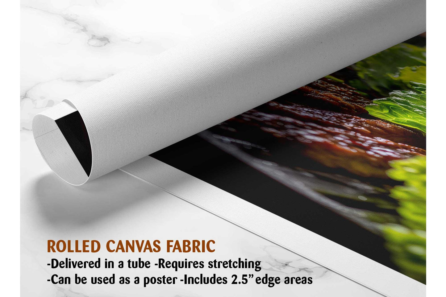 The image is a rolled canvas fabric, which is a type of canvas material used for printing photographs or artwork. It is described as a tube-delivered fabric, which means it is delivered in a tube and requires stretching before use. The fabric can be used as a poster, with a 2.5&quot; edge area.