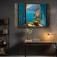 a serene indoor setting with a large painting of a scenic view of a coastal town with a blue sky and water, as well as a window with a basket of lemons and a vase of flowers. The painting is hung on a wall above a wooden desk with a lamp and a laptop, creating a cozy and inviting atmosphere.