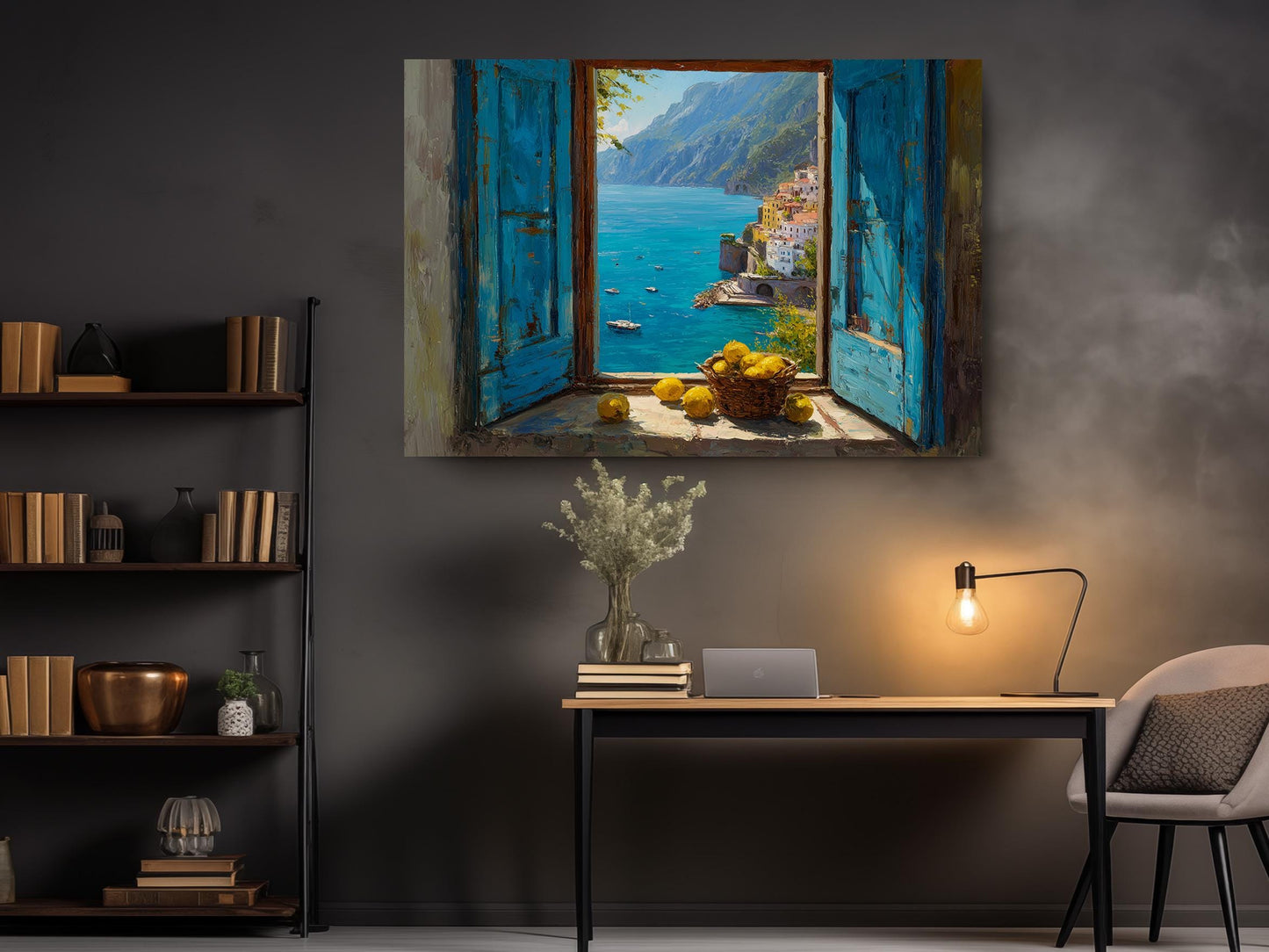 a serene indoor setting with a large painting of a scenic view of a coastal town with a blue sky and water, as well as a window with a basket of lemons and a vase of flowers. The painting is hung on a wall above a wooden desk with a lamp and a laptop, creating a cozy and inviting atmosphere.