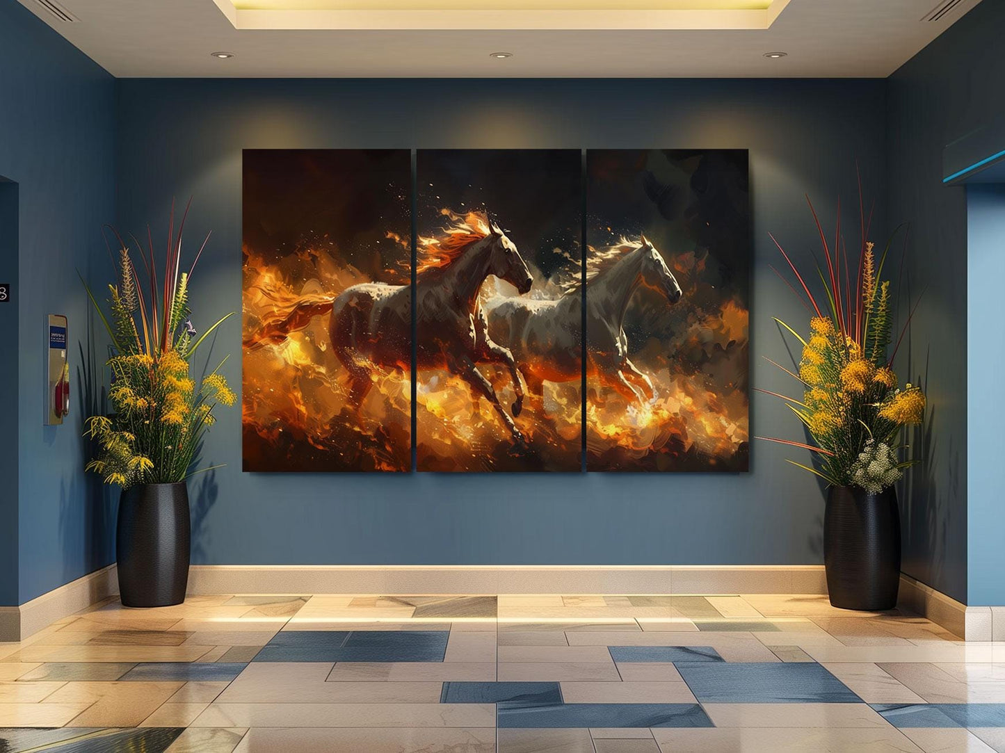 a painting of two horses running in a room