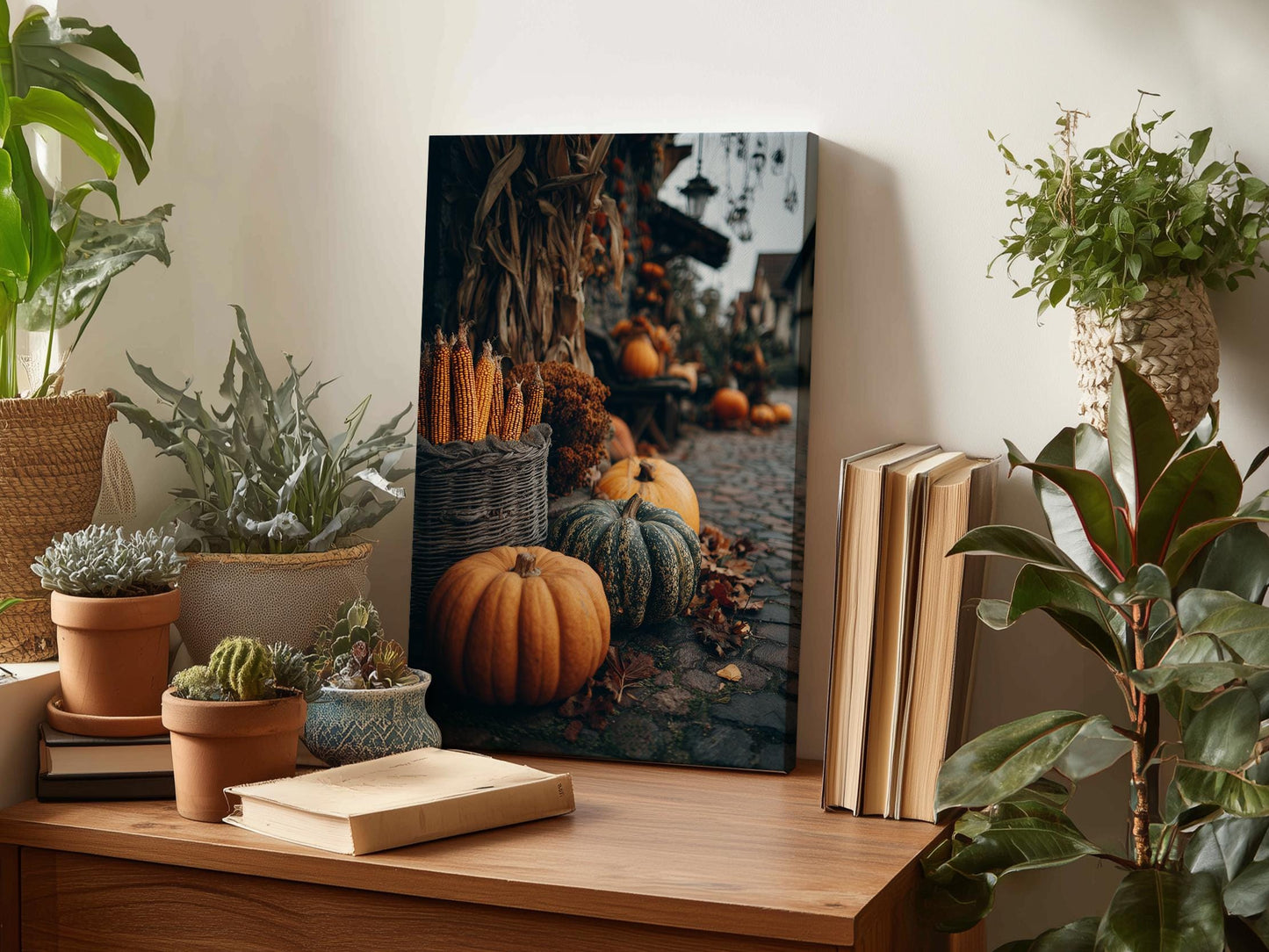 a wooden table with a framed photograph of pumpkins and gourds, surrounded by potted plants and books.