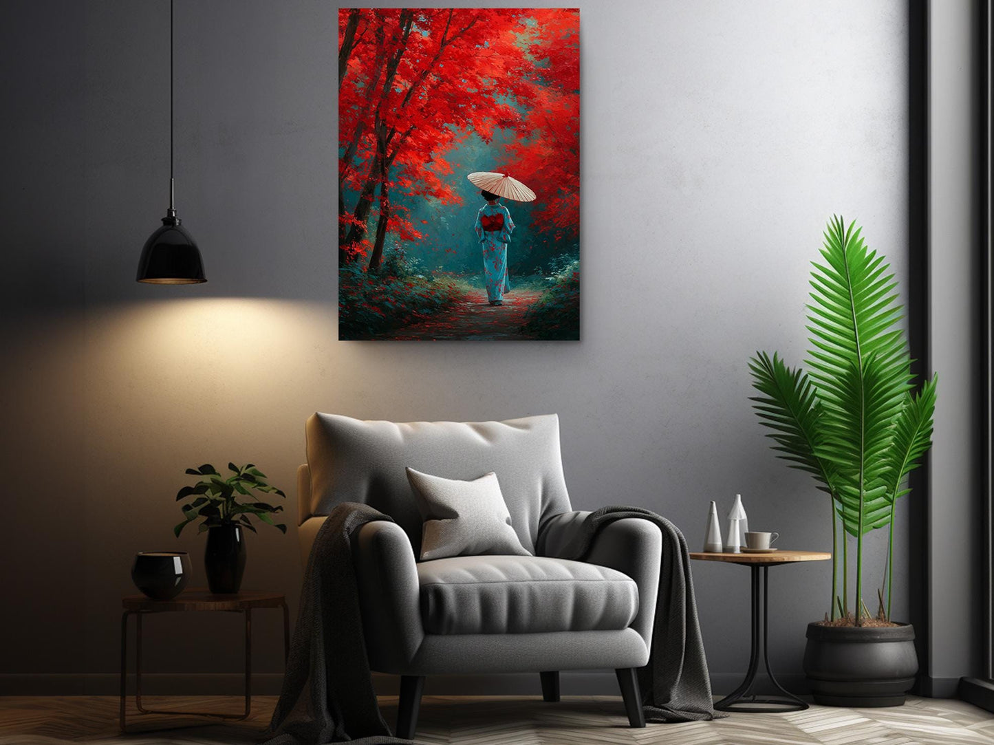 a serene indoor setting with a person in a blue kimono walking through a forest of red trees, holding an umbrella. The room is decorated with a gray armchair, a potted plant, and a painting hanging on the wall.