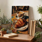 a wooden table with a croissant on a plate, surrounded by potted plants and a book. In the background, there is a framed photograph of a cup of coffee and a croissant on a table.
