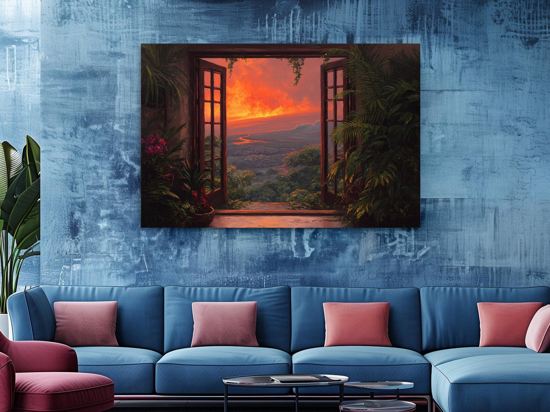 a large, vibrant painting of a tropical landscape hanging on a blue wall above a blue couch with pink pillows.