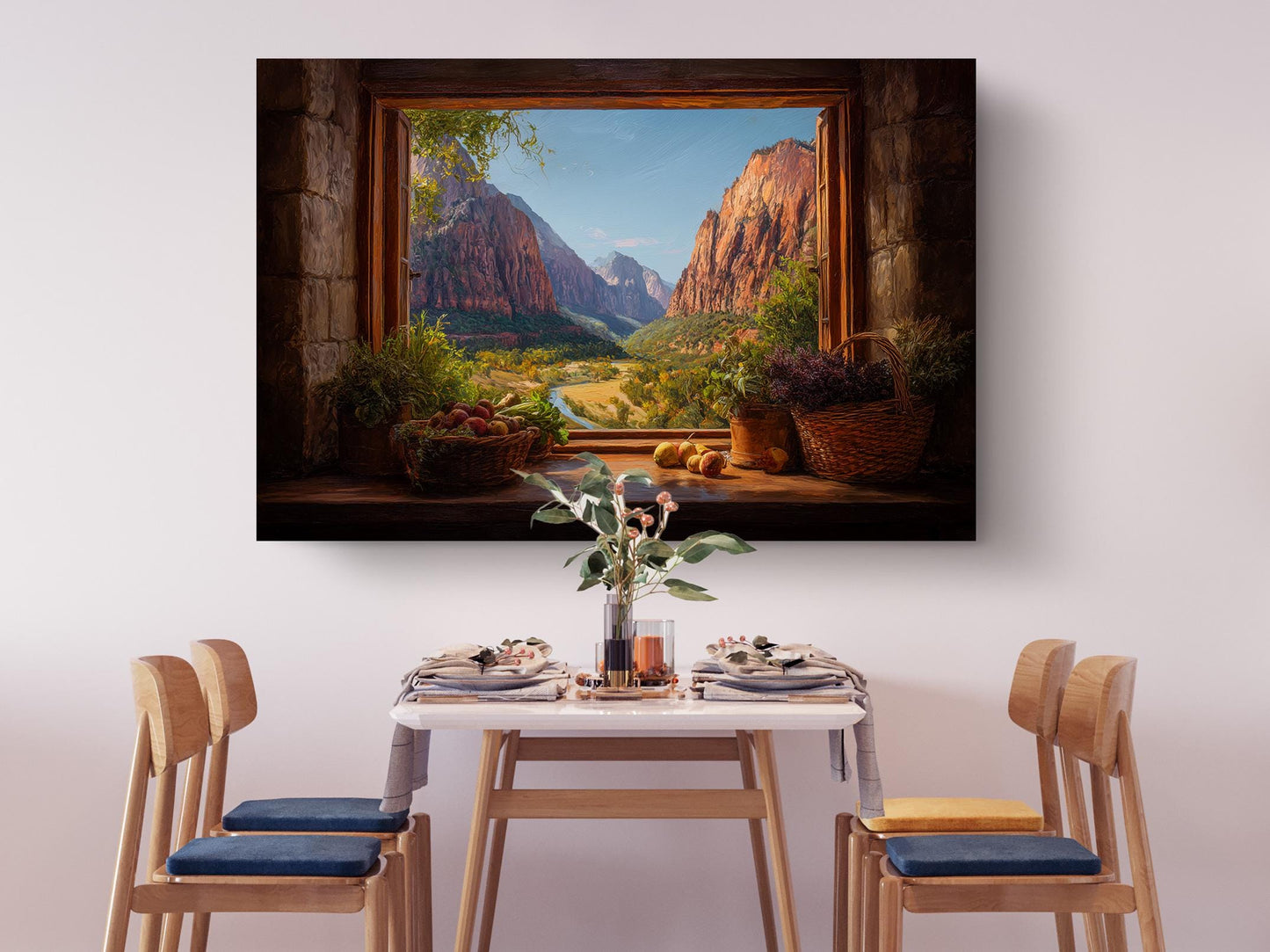 a dining table set with plates, silverware, and a vase of flowers, with a large painting of a mountain landscape hanging above it.