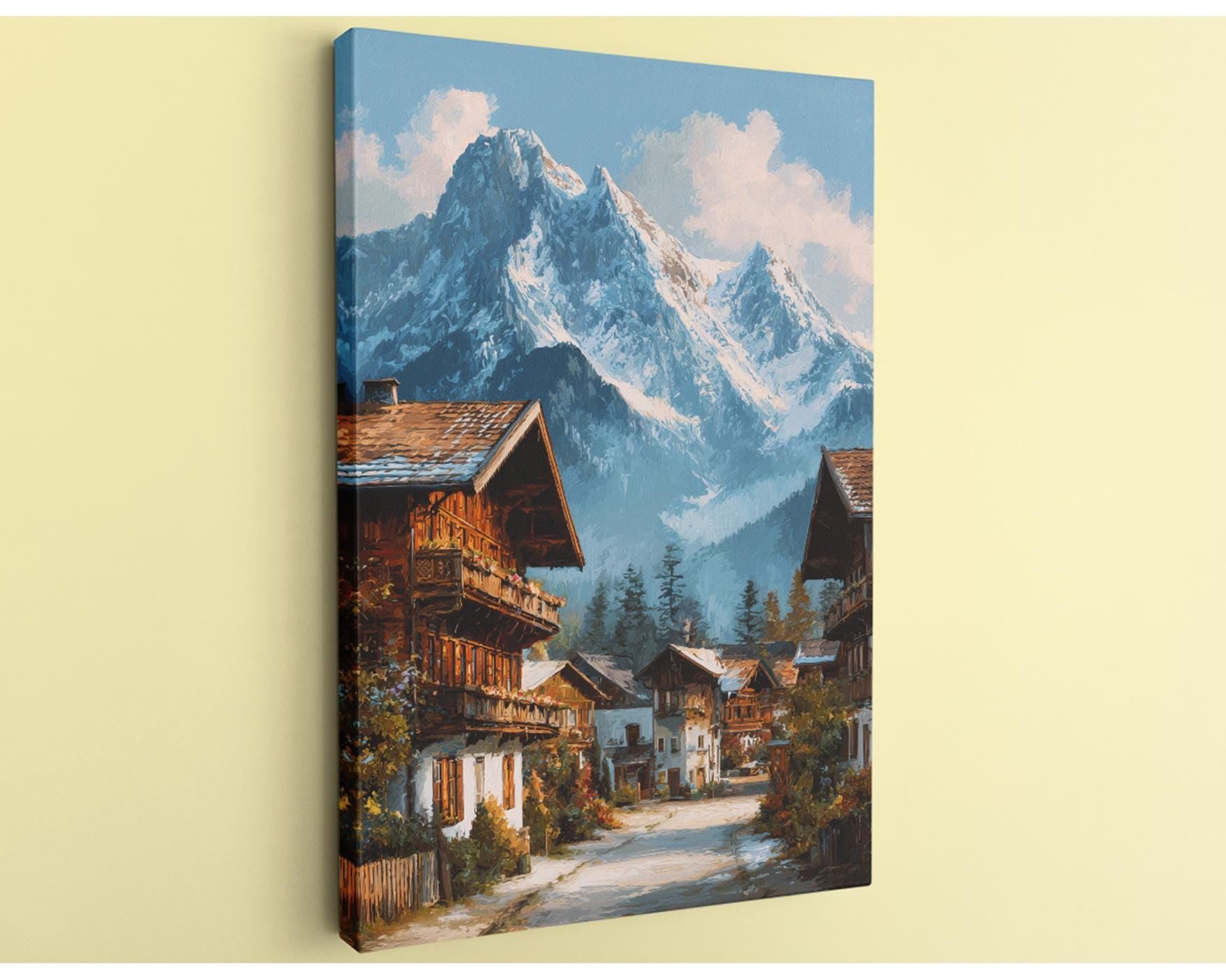 a picturesque mountain village nestled in the valley, with snow-capped peaks in the background and a clear blue sky above.