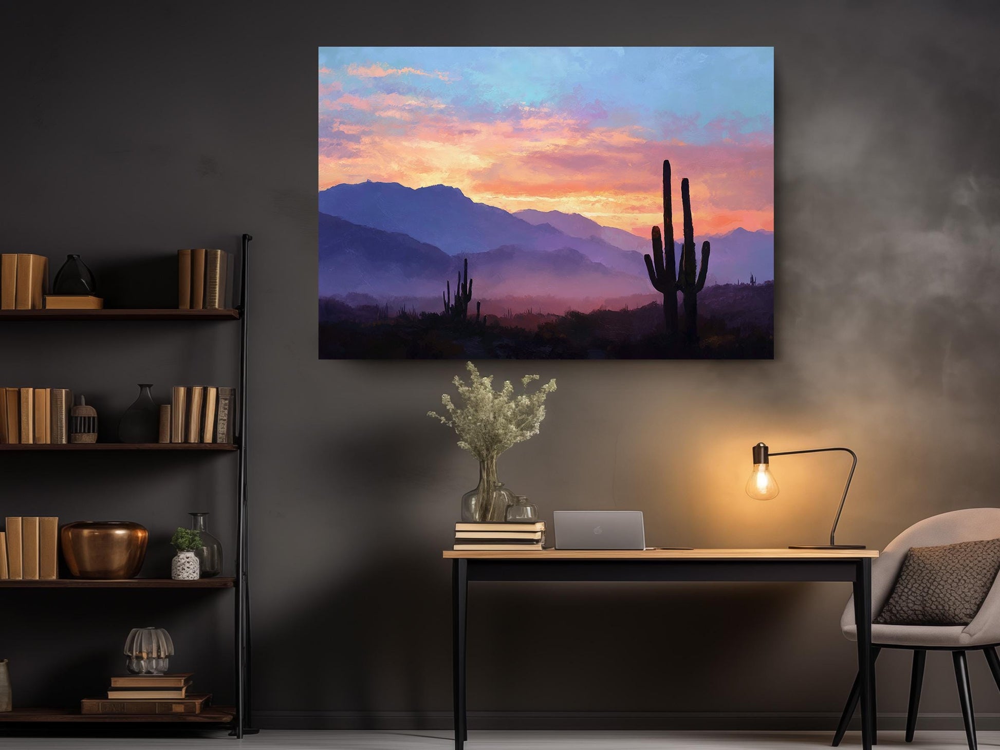 a serene desert landscape with a cactus in the foreground and a mountain range in the background, illuminated by a warm, colorful sunset.