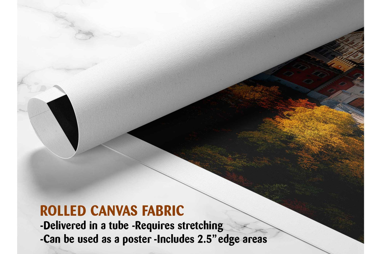 The image is a rolled canvas fabric, which is a type of canvas material used for painting or printing. It is described as a tube-delivered canvas fabric, which means it is delivered in a tube and requires stretching before use. It can be used as a poster with a 2.5&quot; edge area.