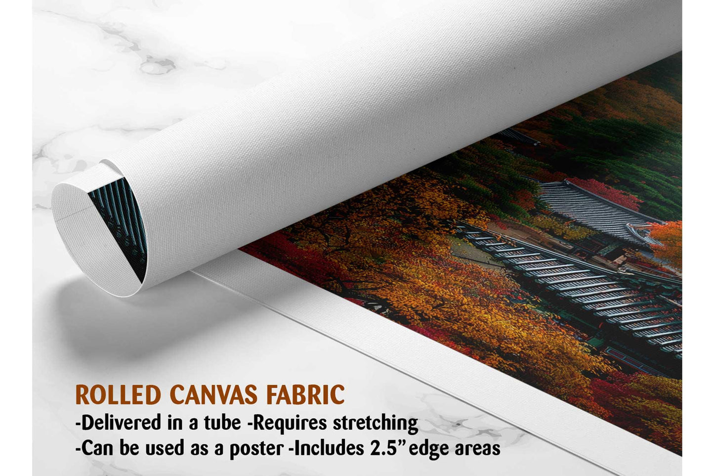 The image is a rolled canvas fabric, which is a type of canvas material used for painting or printing. It is described as a tube-delivered fabric, which means it is delivered in a tube and requires stretching before use. The fabric can be used as a poster, with a 2.5&quot; edge area.