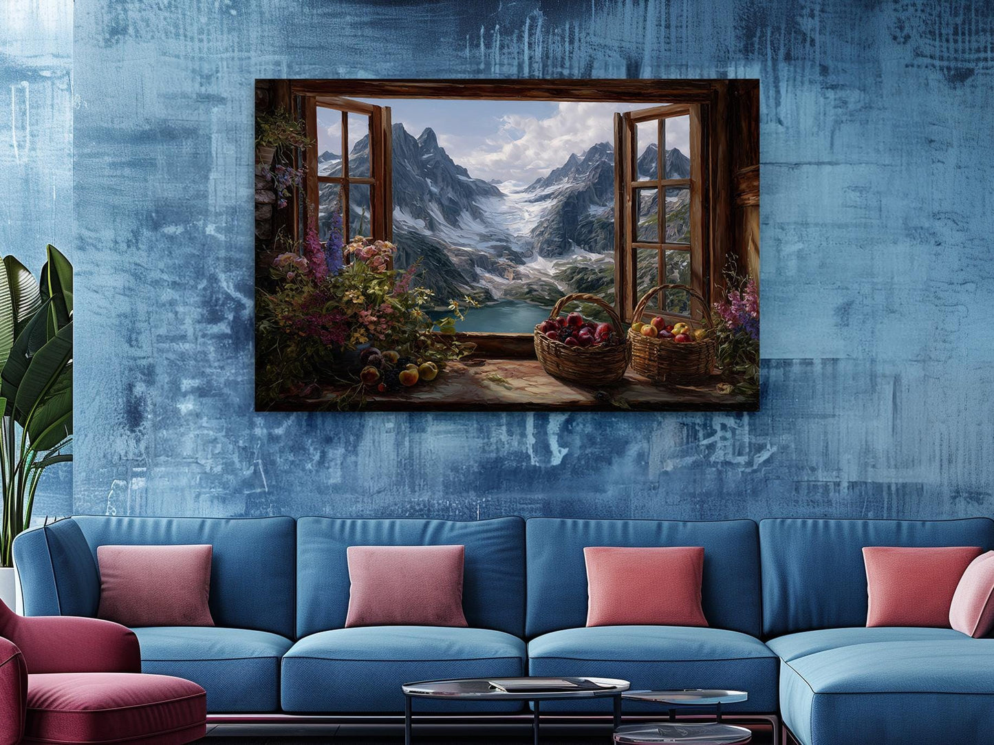 a large painting of a mountain landscape with a window overlooking a valley, hanging on a blue wall above a blue couch with pink pillows.