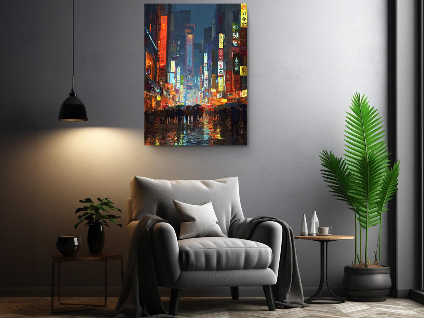 a modern living room with a gray armchair, a wooden side table, and a potted plant. Above the armchair, there is a large painting of a cityscape with colorful lights and buildings.