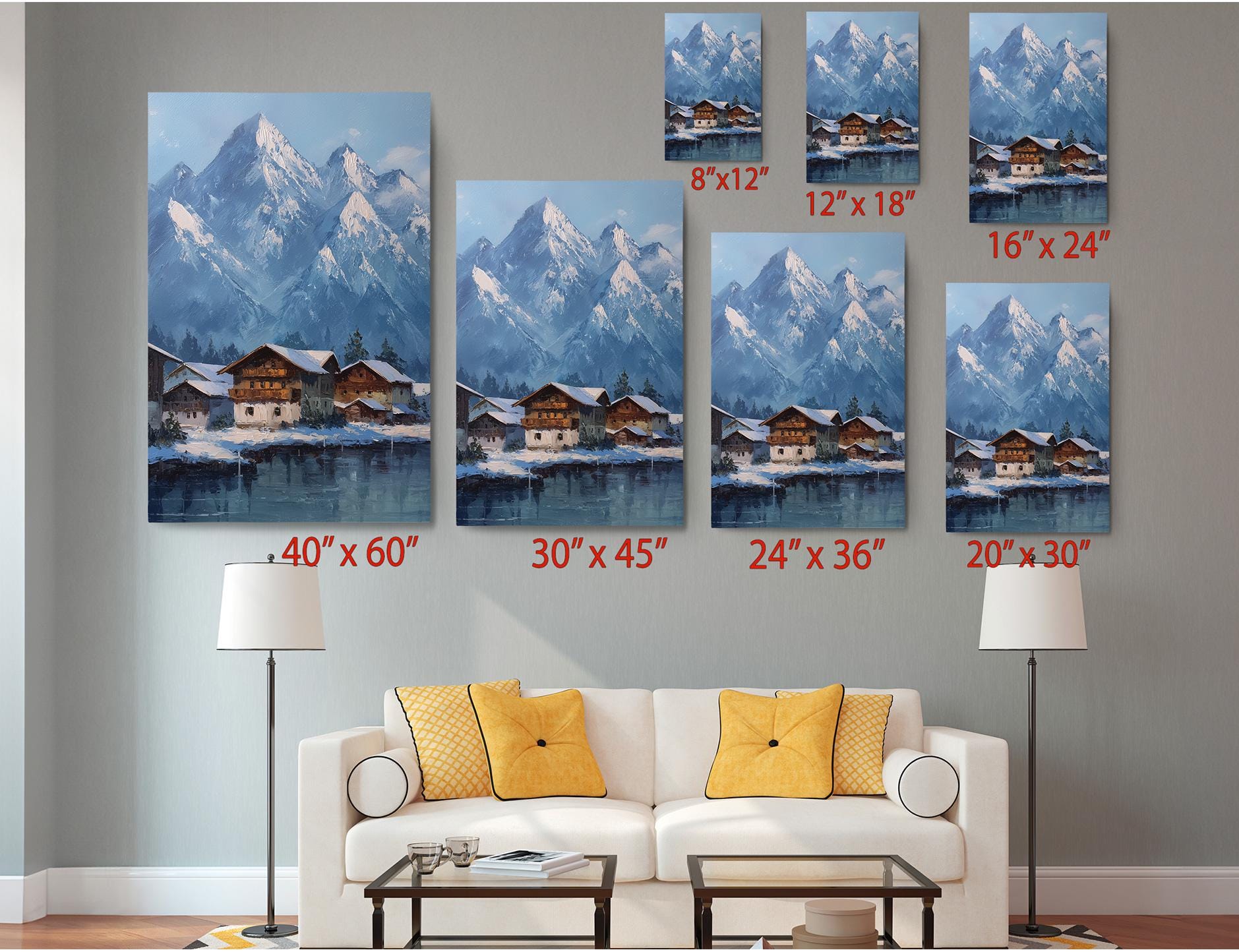 The image is a living room with a white sofa and a coffee table. Above the sofa, there are six framed paintings of mountain landscapes, each with a different size and resolution, ranging from 8&quot; x 12&quot; to 24&quot; x 36&quot;. The paintings are arranged in a grid-like pattern on the wall, creating a visually appealing display.