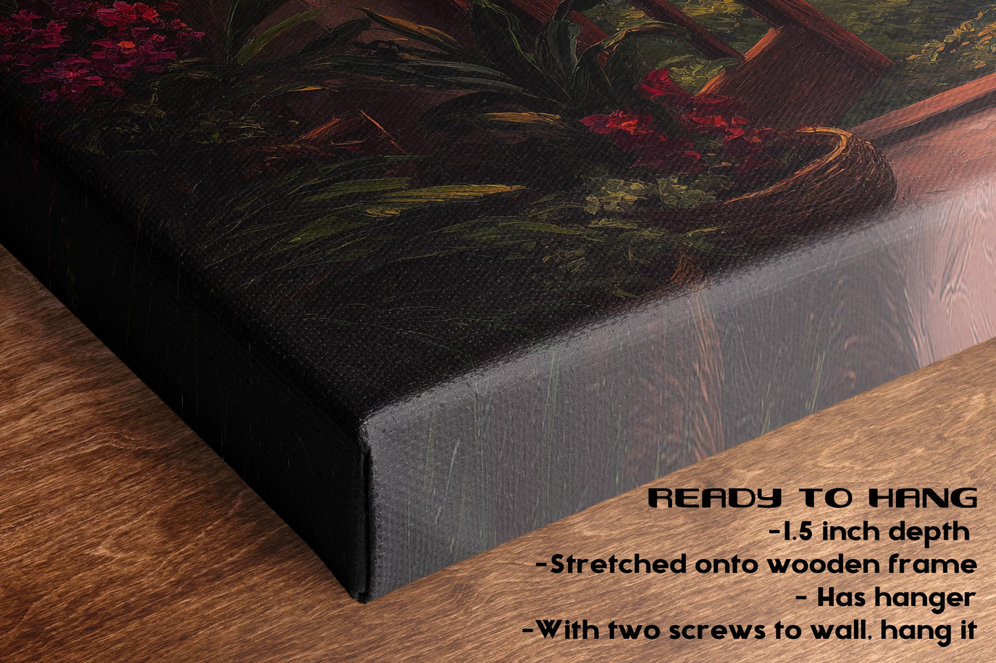 The image is a close-up of a canvas print featuring a lush, colorful garden scene with various plants and flowers. The print is placed on a wooden surface, and there is text at the bottom of the image providing information about the print.