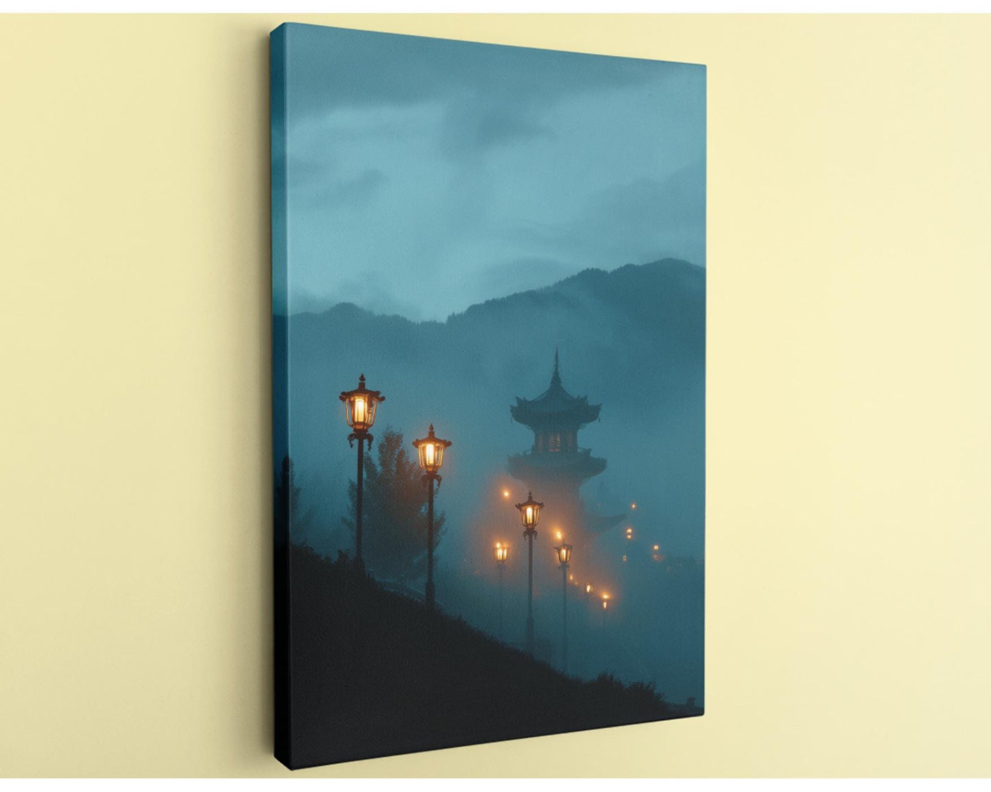 a serene night scene with a pagoda-like structure silhouetted against a misty, mountainous landscape. The pagoda is illuminated by warm, glowing lanterns, creating a sense of tranquility and mystery.