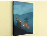 a serene night scene with a pagoda-like structure silhouetted against a misty, mountainous landscape. The pagoda is illuminated by warm, glowing lanterns, creating a sense of tranquility and mystery.