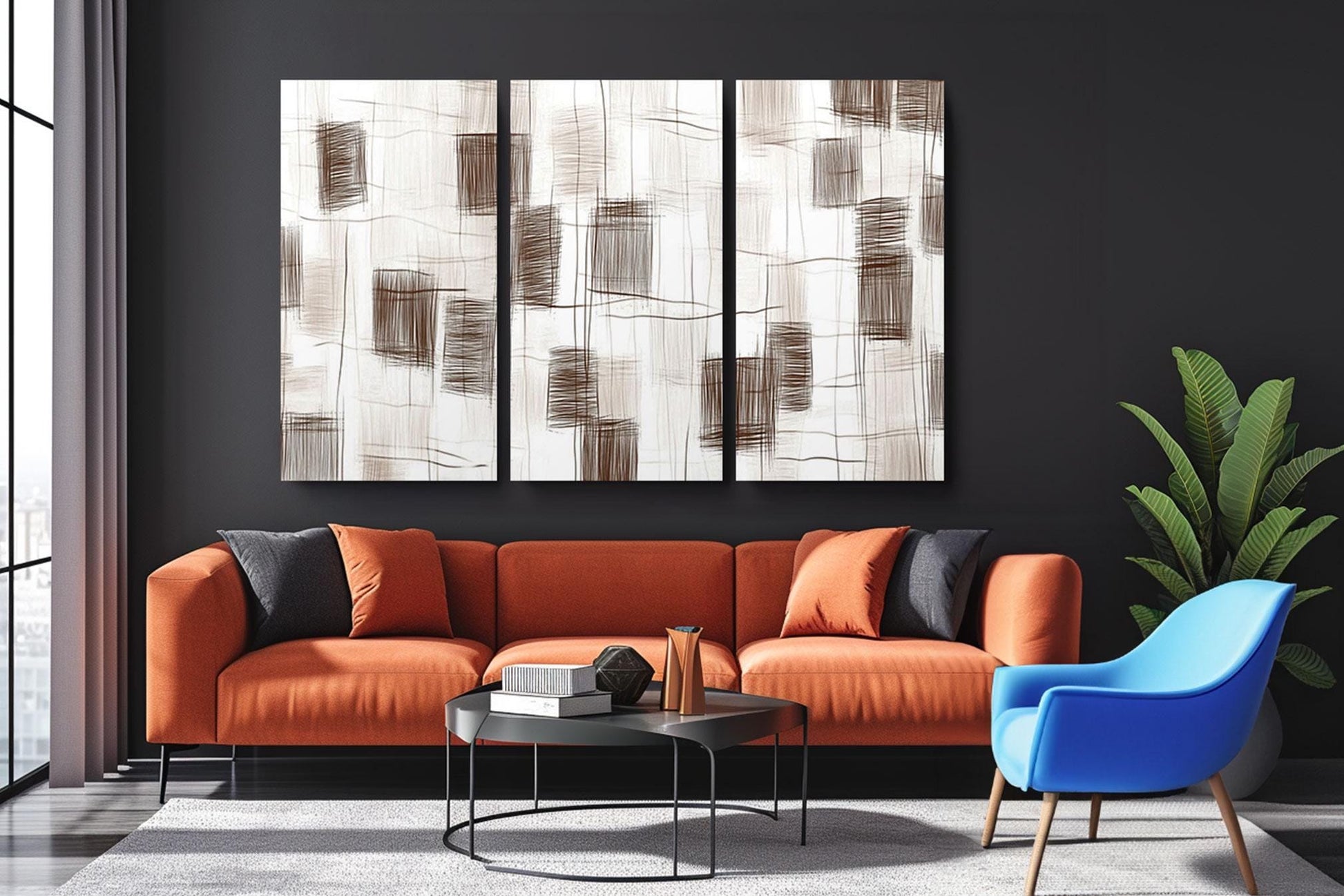 a living room with a couch and two chairs