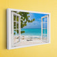 an open window on a yellow wall with a view of the ocean