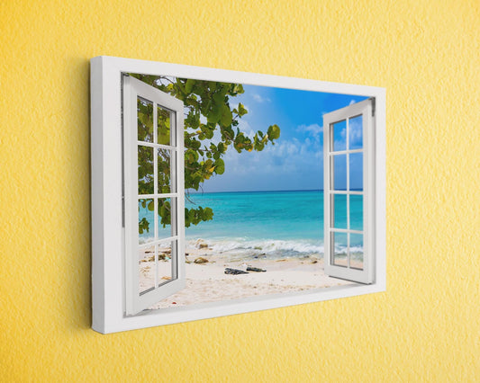an open window on a yellow wall with a view of the ocean