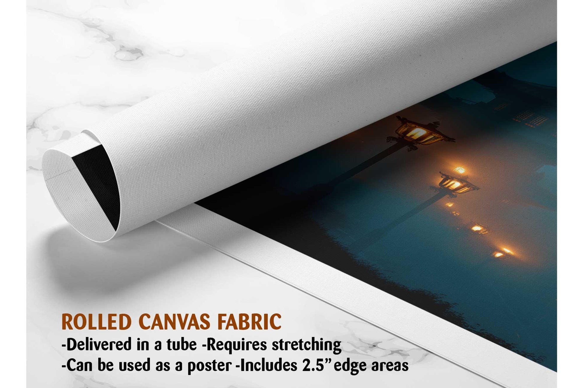 The image is a rolled canvas fabric, which is a type of canvas material used for painting or printing. It is described as a tube-delivered canvas fabric, which means it is delivered in a tube and requires stretching before use. It can be used as a poster with a 2.5&quot; edge area.