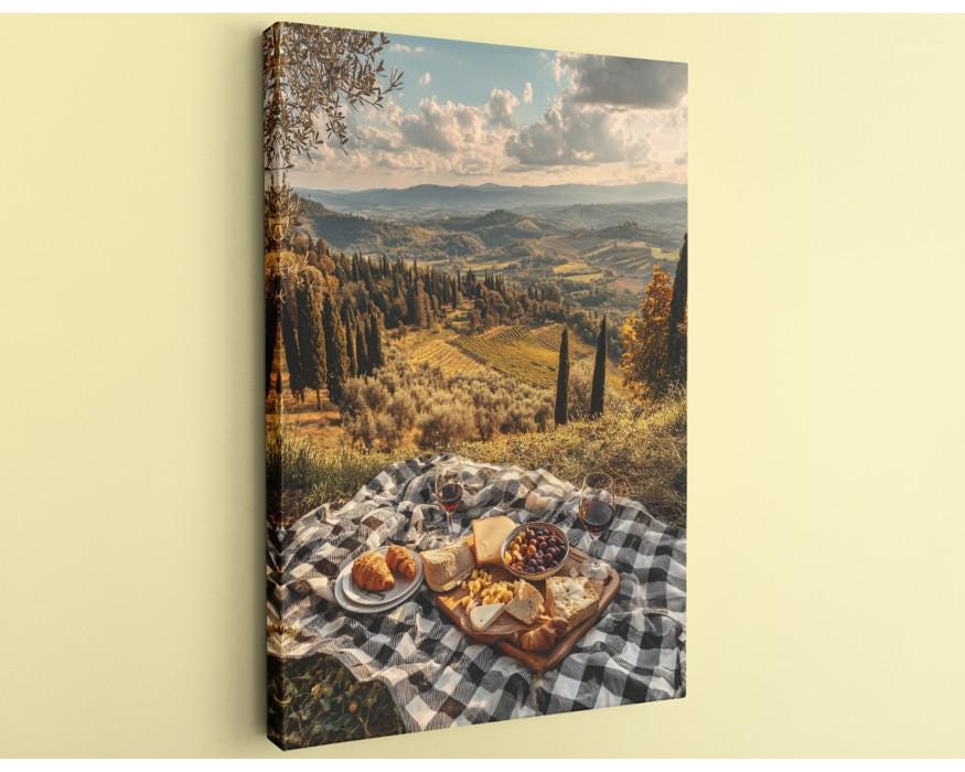 a scenic outdoor setting with a picnic spread on a checkered blanket, overlooking a picturesque landscape of rolling hills, vineyards, and trees.
