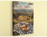 a scenic outdoor setting with a picnic spread on a checkered blanket, overlooking a picturesque landscape of rolling hills, vineyards, and trees.