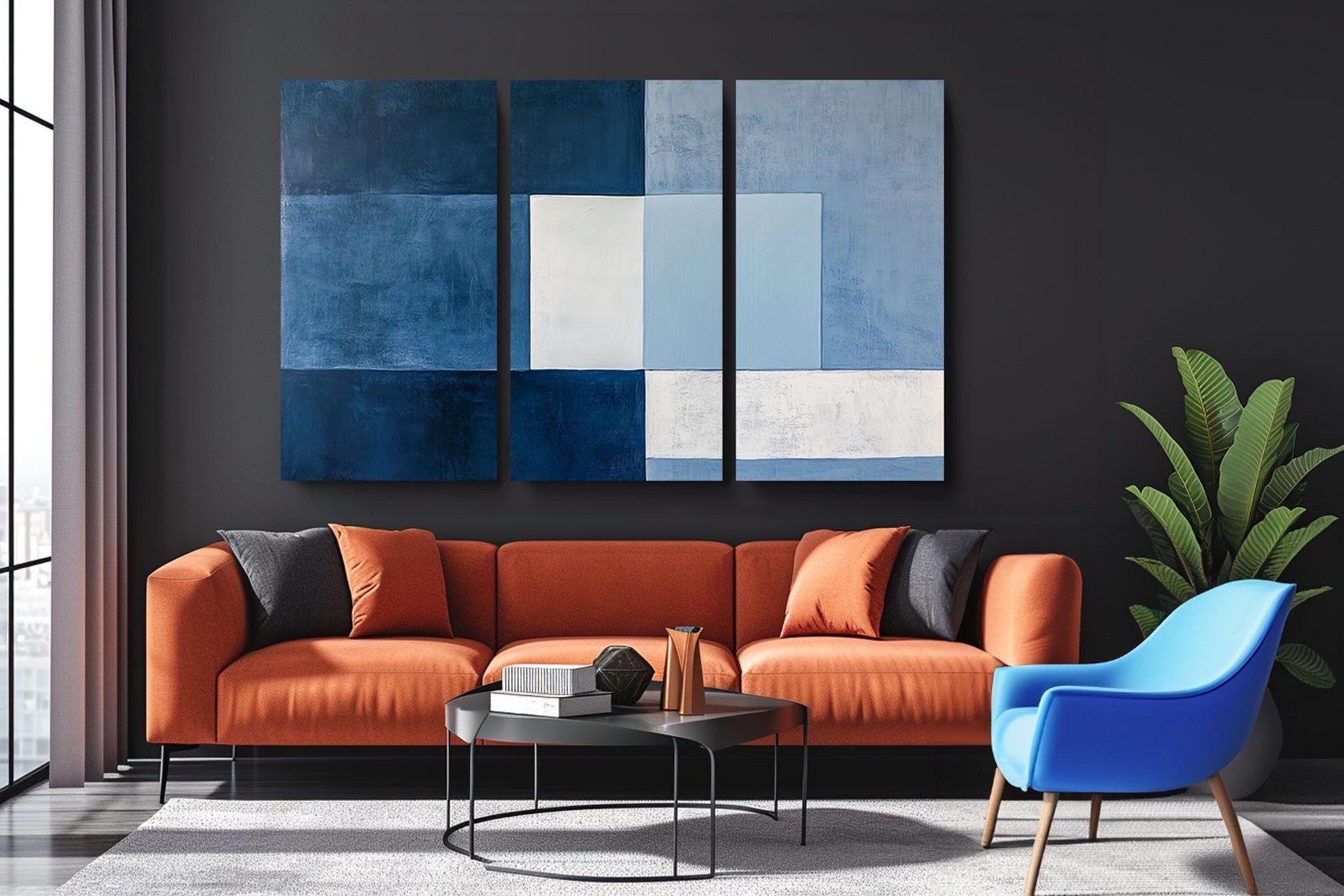 a living room with a couch and two chairs