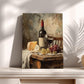 The image is a painting depicting a still life arrangement of a bottle of wine, cheese, and grapes on a wooden table.