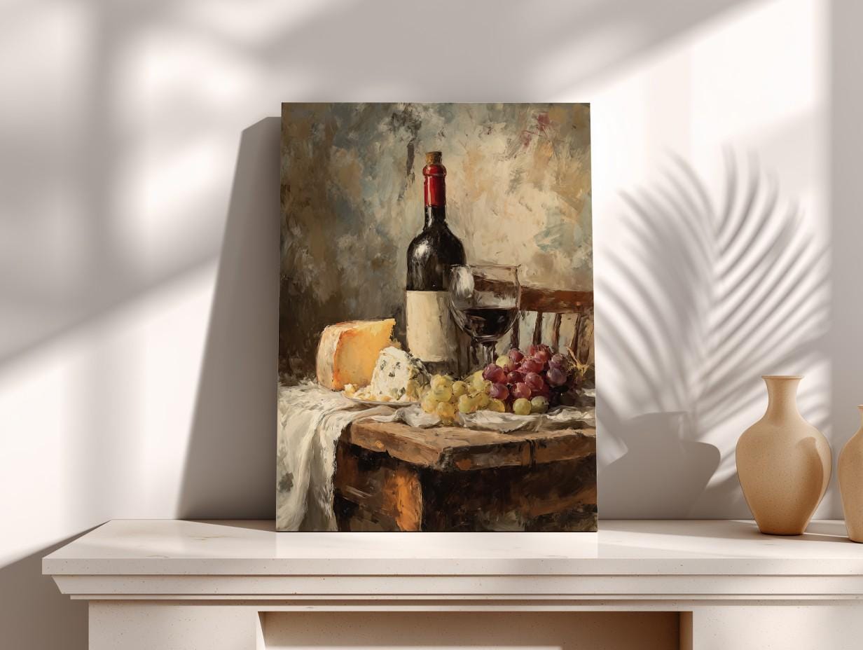 The image is a painting depicting a still life arrangement of a bottle of wine, cheese, and grapes on a wooden table.