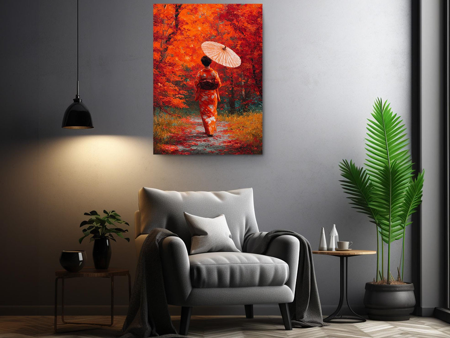 a woman in a traditional Japanese kimono walking through a colorful autumn forest, holding an umbrella.