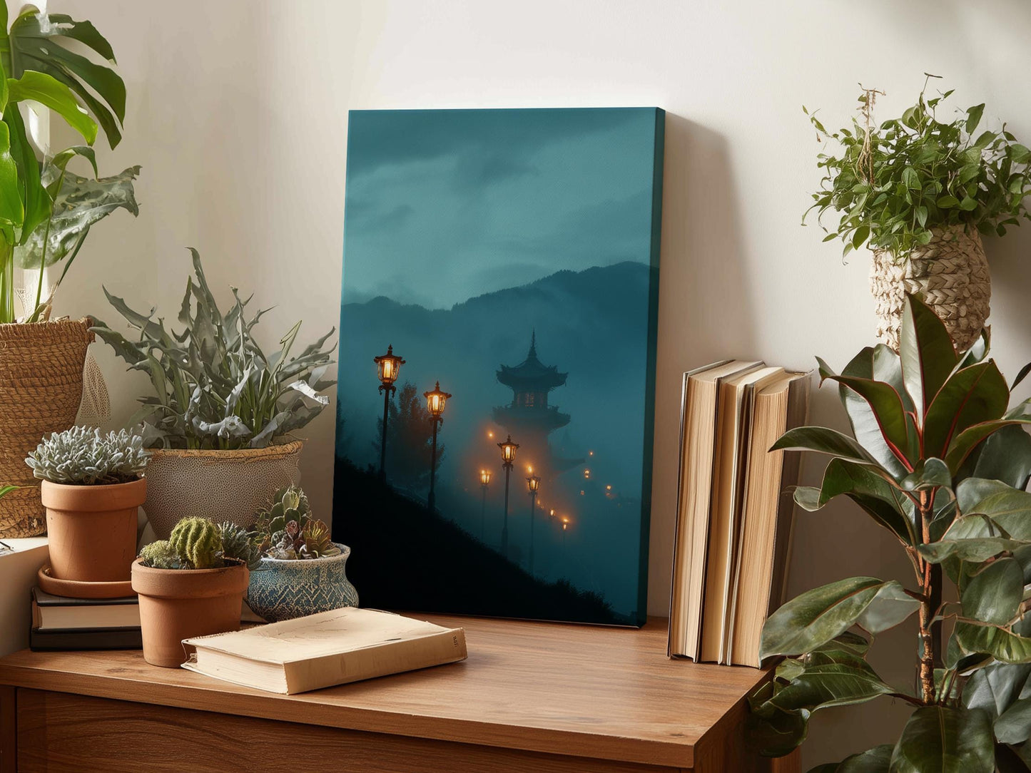 a serene indoor setting with a painting of a temple at night, surrounded by lush greenery and potted plants. The painting is displayed on a wooden shelf, with a book and a lamp nearby. The overall atmosphere is calm and peaceful, with the soft lighting and the presence of plants creating a tranquil ambiance.