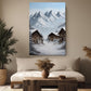 a cozy living room with a large painting of a snowy mountain village hanging on the wall. The painting features two wooden houses nestled among the snow-covered mountains, creating a serene and picturesque scene. The room is decorated with a plush sofa, a wooden coffee table, and potted plants, adding warmth and comfort to the space.