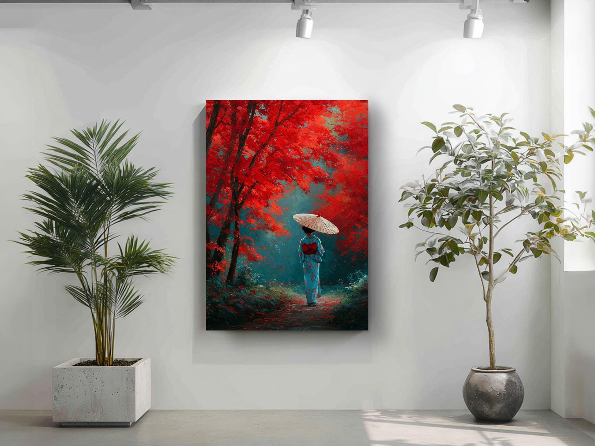 a woman walking on a path through a forest, holding an umbrella.