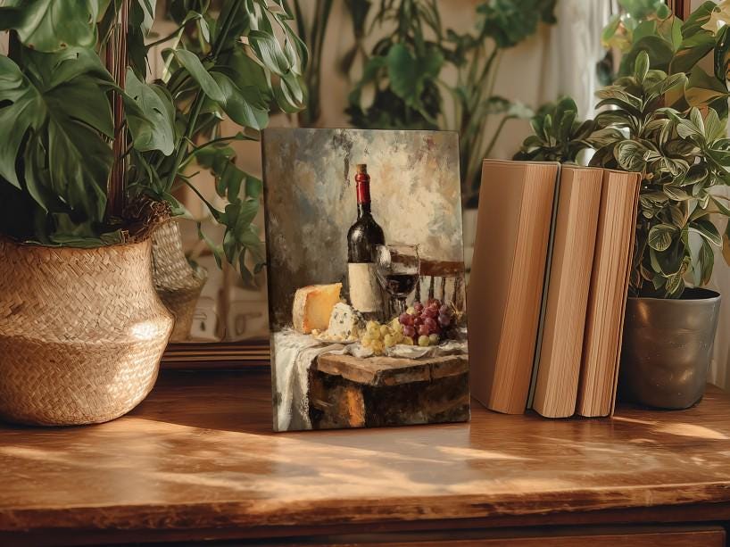 a still life painting of a table with a bottle of wine, cheese, and grapes, surrounded by potted plants and books.