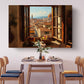a dining area with a table set for four, featuring a vase of flowers and a bowl of fruit. Above the table, a large painting of a cityscape with a window overlooking the city is displayed on the wall.