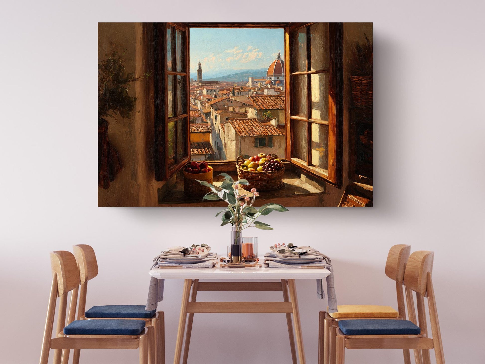 a dining area with a table set for four, featuring a vase of flowers and a bowl of fruit. Above the table, a large painting of a cityscape with a window overlooking the city is displayed on the wall.