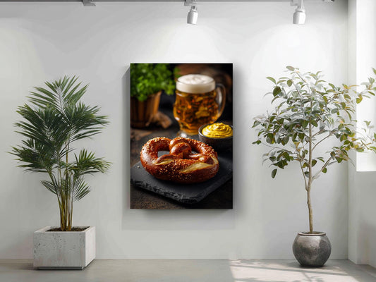 a large framed photograph of a pretzel with a beer mug in the background, placed on a wall in a room with potted plants.