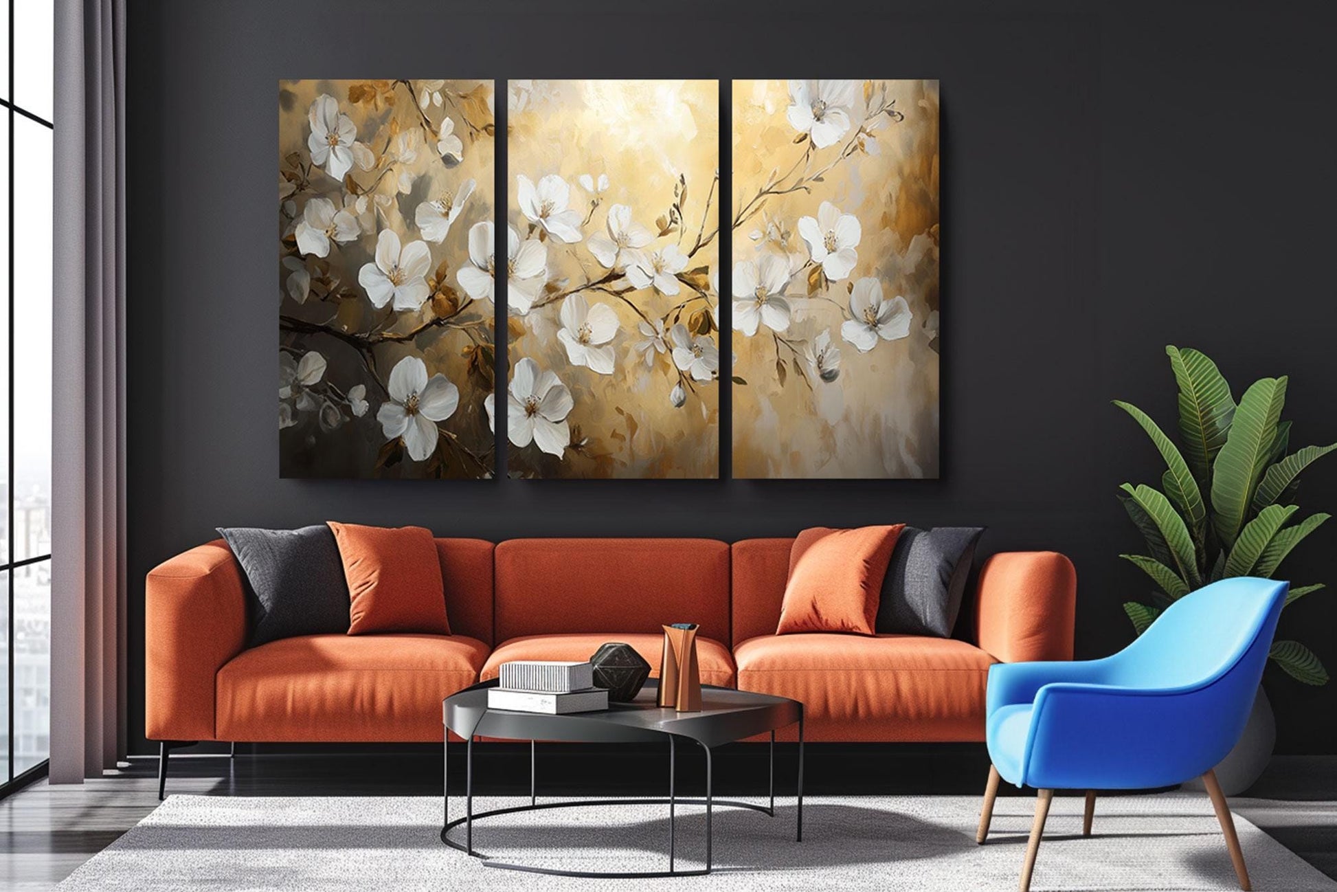 a living room with a couch and two paintings on the wall