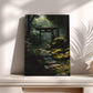 a serene forest path leading to a torii gate, surrounded by lush greenery and moss.