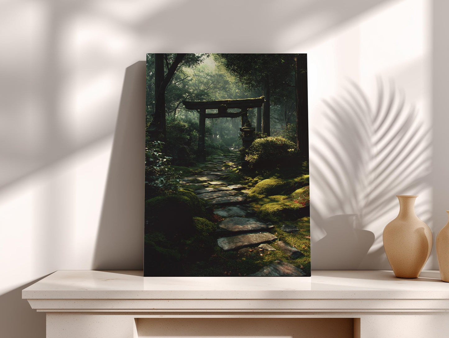 a serene forest path leading to a torii gate, surrounded by lush greenery and moss.
