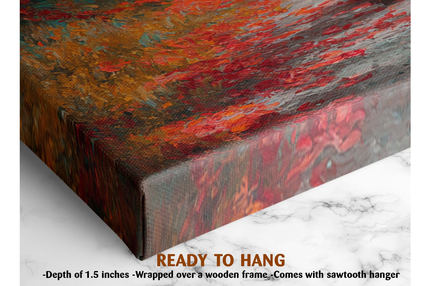 The image is a close-up of a textured, multicolored painting on a canvas, with a wooden frame.