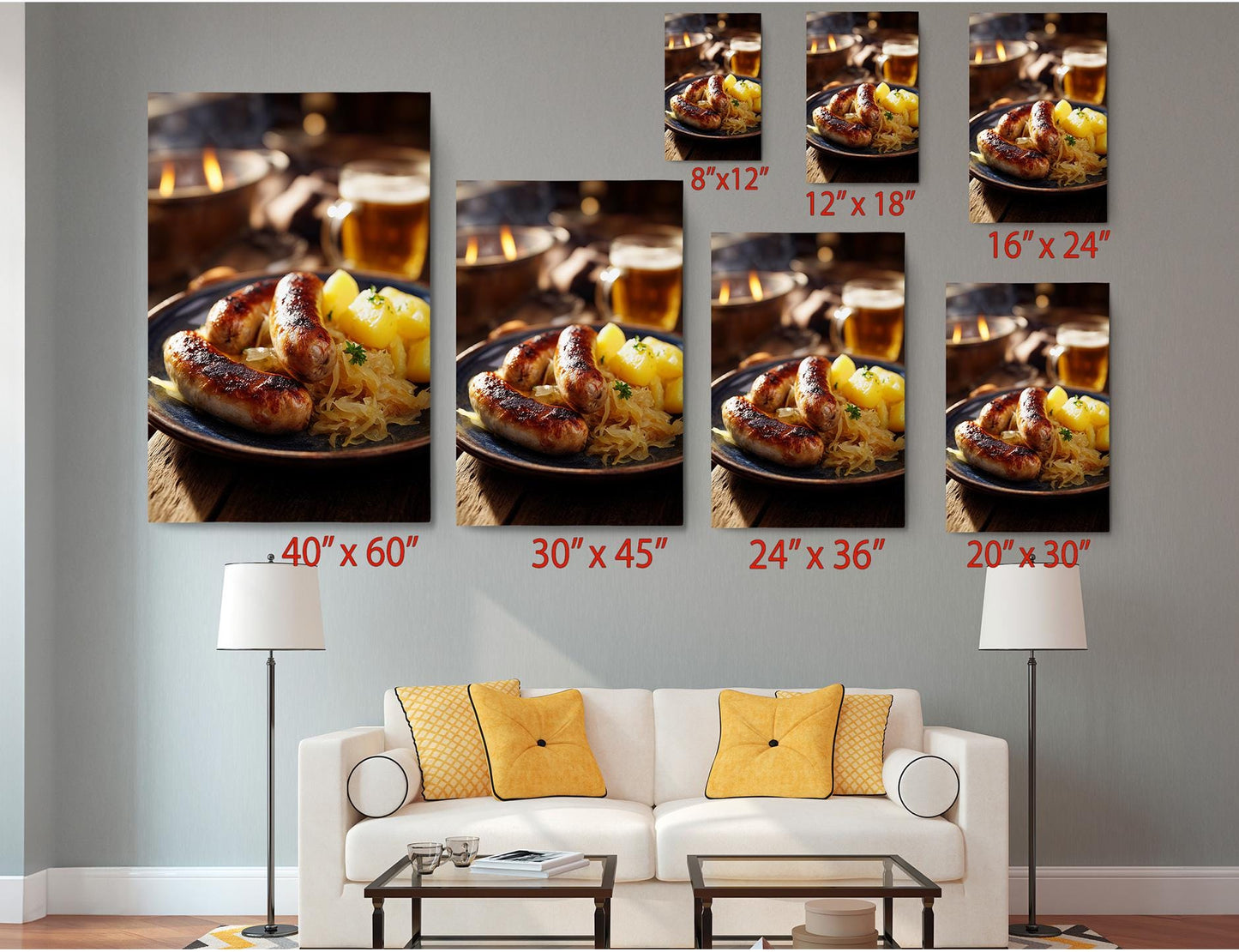The image is a living room with a white couch and a coffee table. Above the couch, there are six framed images of sausages and potatoes, each with a different size and orientation. The images are arranged in a grid-like pattern, with the largest image at the top and the smallest at the bottom. The images are labeled with their respective sizes, ranging from 40&quot; x 60&quot; to 24&quot; x 36&quot;.