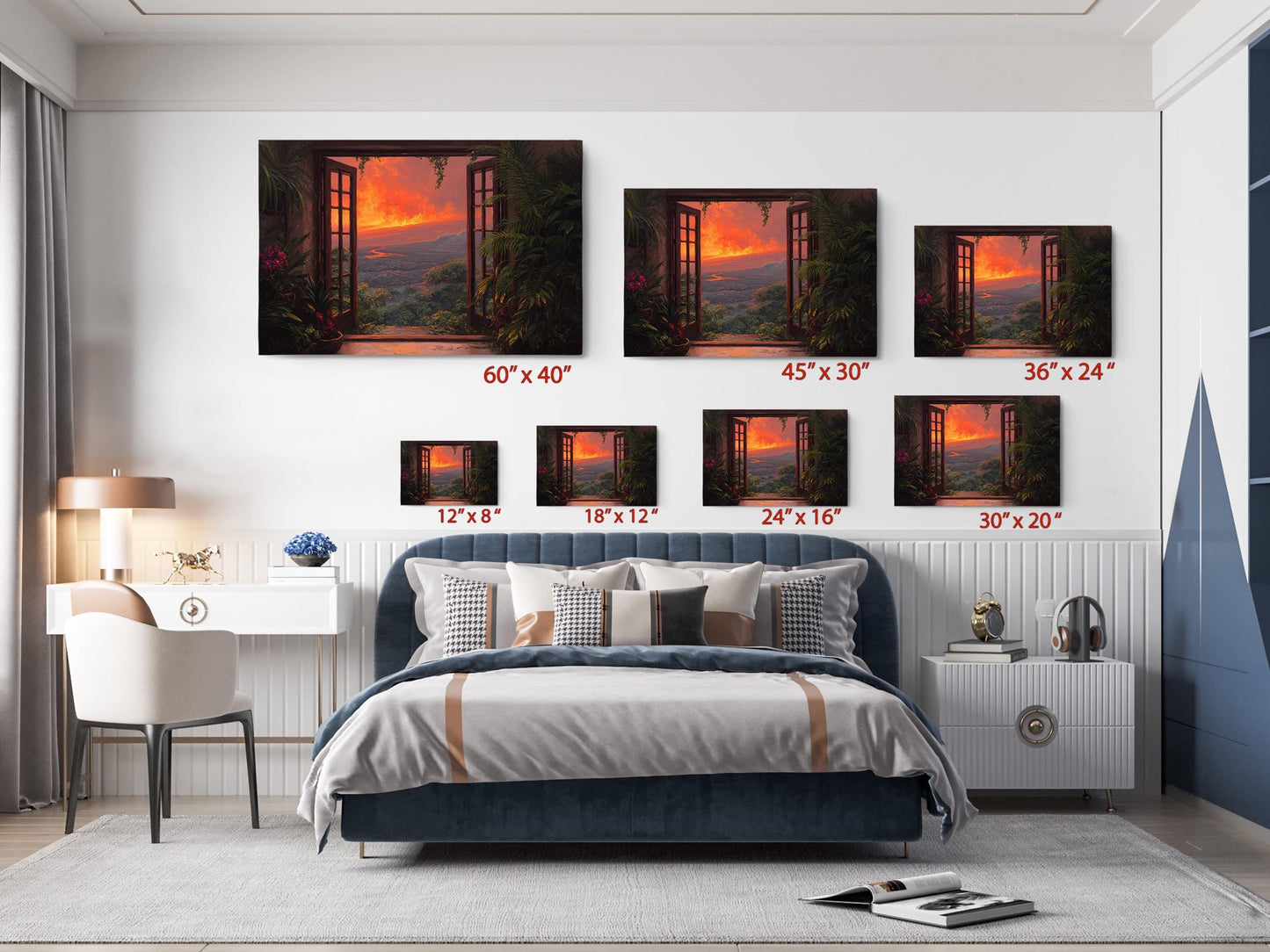 The image is a bedroom with a large bed, a nightstand, and a desk. Above the bed, there are five framed pictures of a sunset, each with a different size and resolution. The pictures are arranged in a grid-like pattern on the wall, creating a visually appealing display.